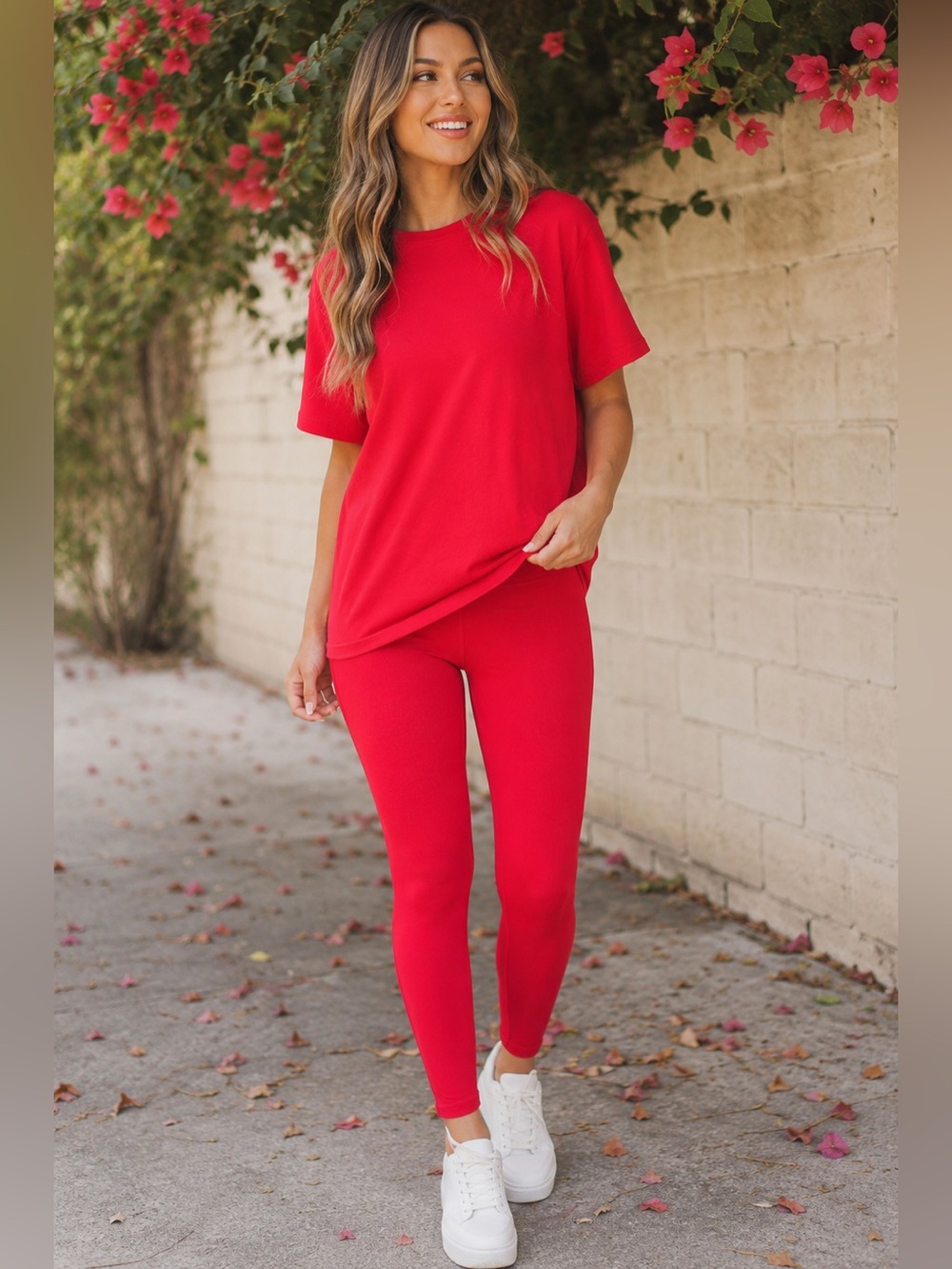 Zenana 🍒Red Women's Leggings Set - Classic Crew Tee & High-Rise Leggings medium